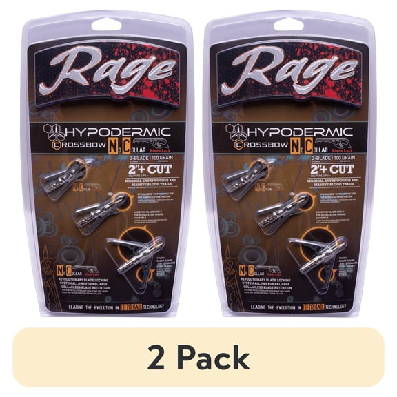 (2 pack) Rage Hypodermic Crossbow NC (No Collar) 100gr 2in Cut Broadhead-3Pack-Silver