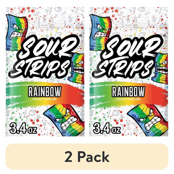 (2 pack) Sour Strips Rainbow Flavored Chewy Sour Candy Bag, 3.4 oz