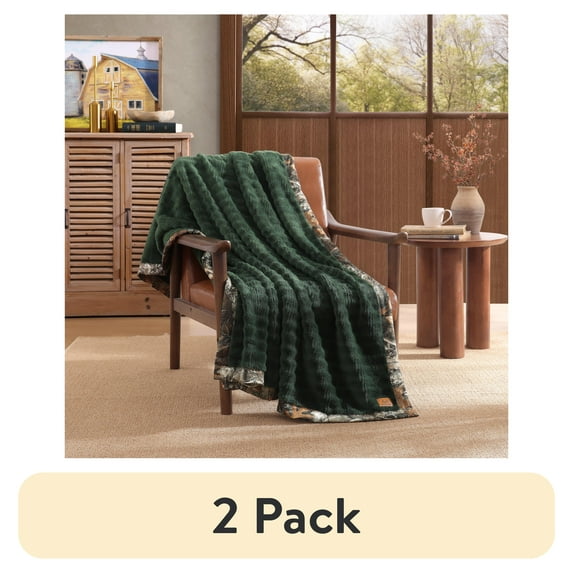 (2 pack) Realtree Throw Blanket 50" x 60" Jacquard Plush Solid Green W/Binding