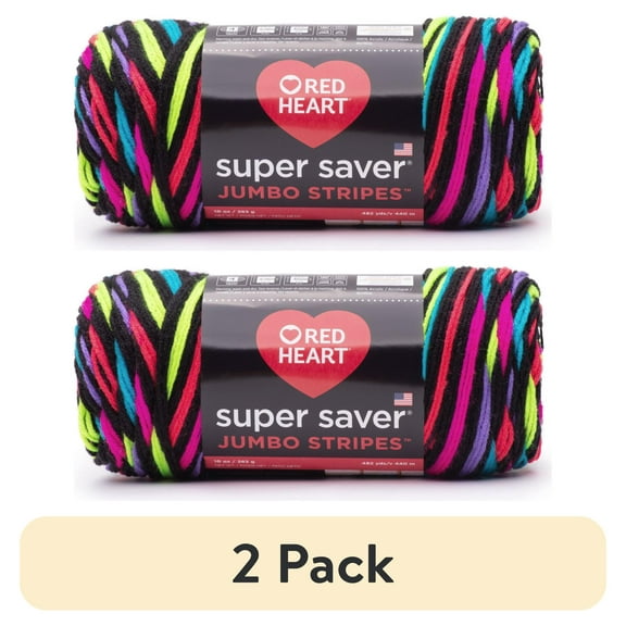 (2 pack) Red Heart Super Saver Jumbo #4 Medium Acrylic Yarn, Neon Stripe 10oz/283g, 482 Yards