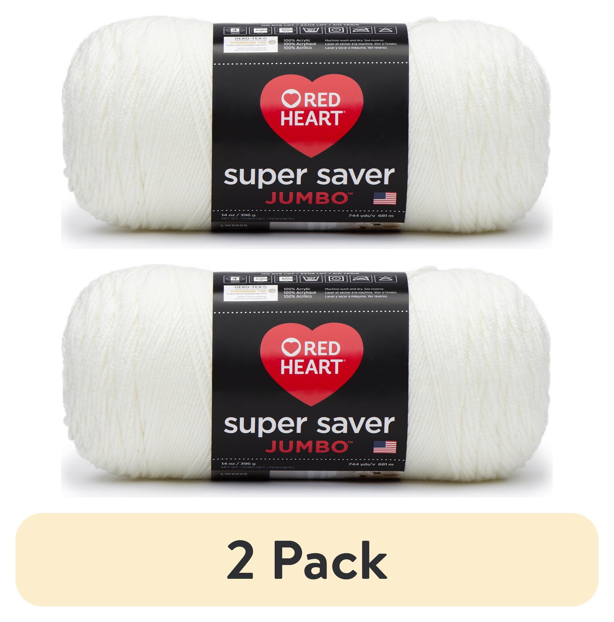 (2 pack) Red Heart Super Saver® Jumbo™ 4 Medium Acrylic Yarn, Soft White 14oz/396g, 744 Yards
