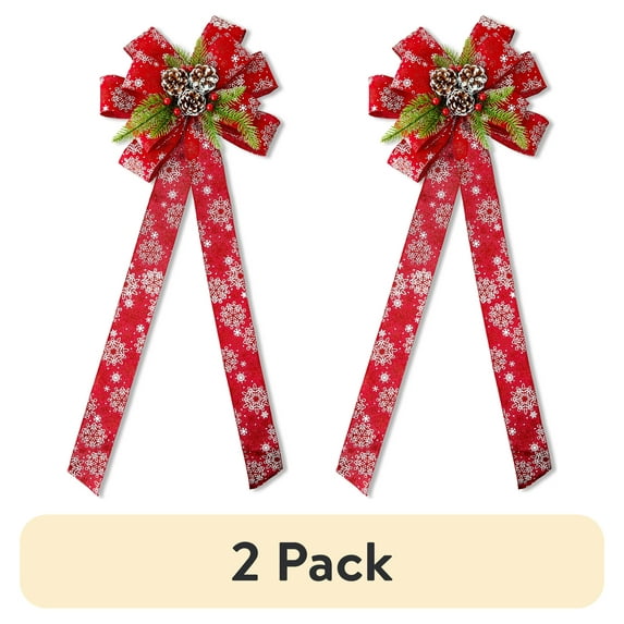 (2 pack) Red Snowflakes Polyester Christmas Bow with Pinecone Cluster, 32 in, by Holiday Time