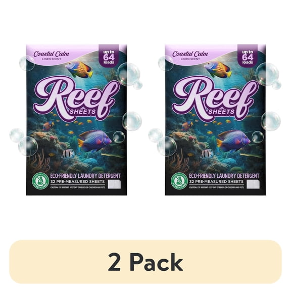 (2 pack) Reef Sheets Laundry Detergent Sheets,Plastic Free, Eco-Friendly, Coastal Calm Linen Scent 32ct pack