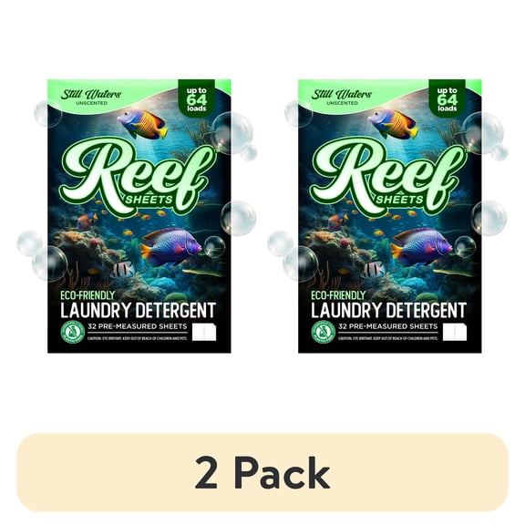 (2 pack) Reef Sheets Laundry Detergent Sheets,Plastic Free, Eco-Friendly, Fragrance Free 32ct pack