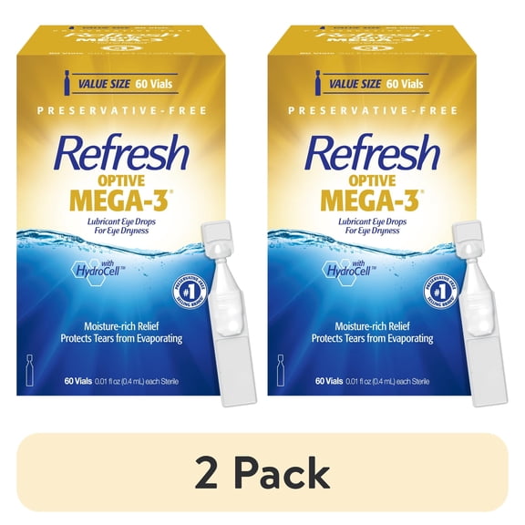 (2 pack) Refresh Optive Mega-3 Lubricant Eye Drops Preservative-Free Artificial Tears, 0.4 ml, 60 Count