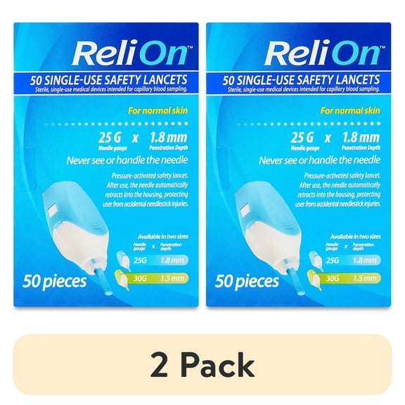 (2 pack) ReliOn Single-Use 2-In-1 Lancing Device for Normal Skin, 25G Needle, 50 Count