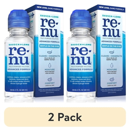 (2 pack) Renu Contact Lens Solution, Advanced Formula Triple Disinfectant Contact Cleaning Solution–From Bausch + Lomb – 2 fl oz (60 mL)