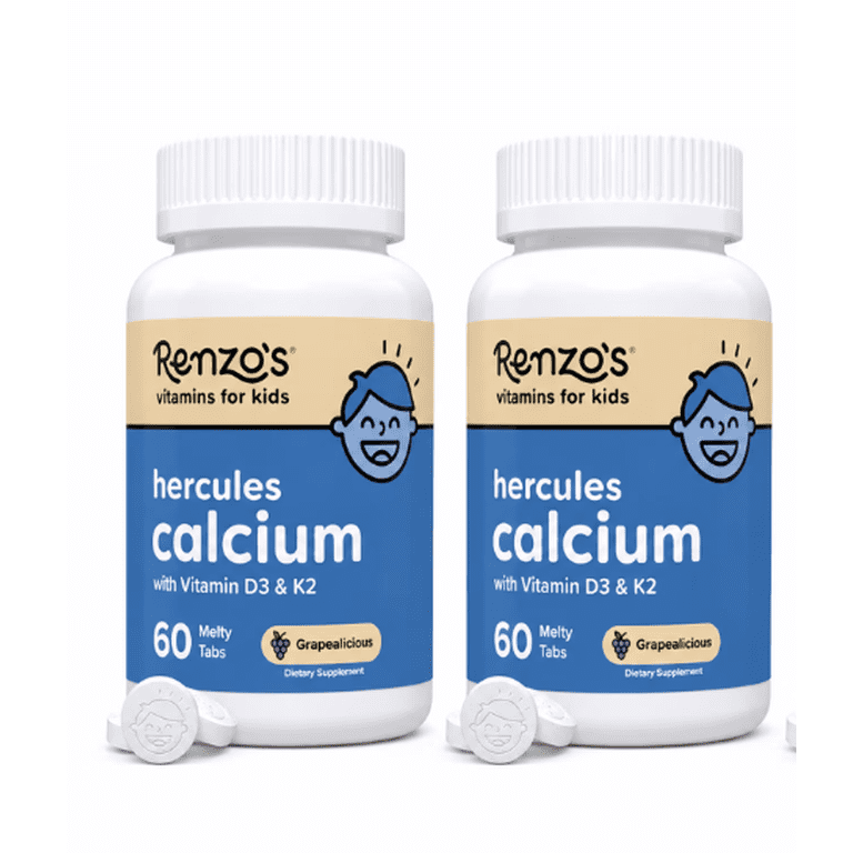 2 pack) Renzo's Hercules Calcium Supplement with Vitamin D3 & K2 - Dissolving Kids Vitamins