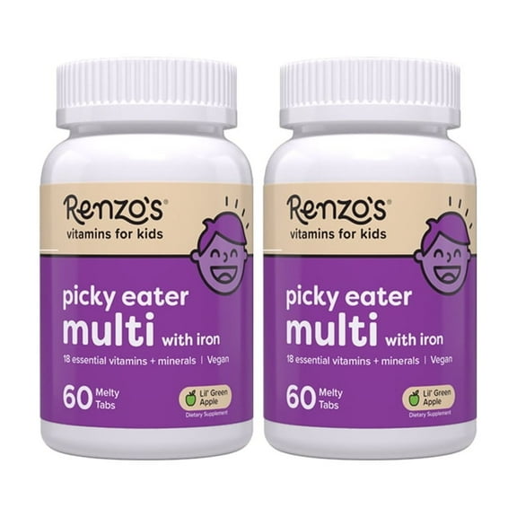 (2 pack) Renzos Picky Eater Multivitamin for Kids, Sugar-Free, Vegan Melty Tabs, Immune Support, Apple Flavor, 60 Count