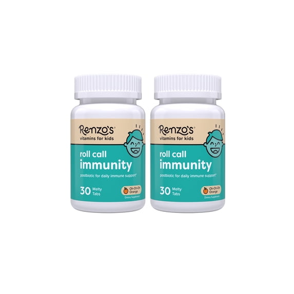 (2 pack) Renzo’s Roll Call Immunity Postbiotic for Kids, Sugar-Free, Kids Immune Support Melty Tabs, 30 Count