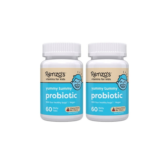 (2 pack) Renzos Vitamins Kids Probiotics, Yummy Tummy Probiotic for Kids Gut Health, Vegan, Sugar-Free, 60 Melty Tabs