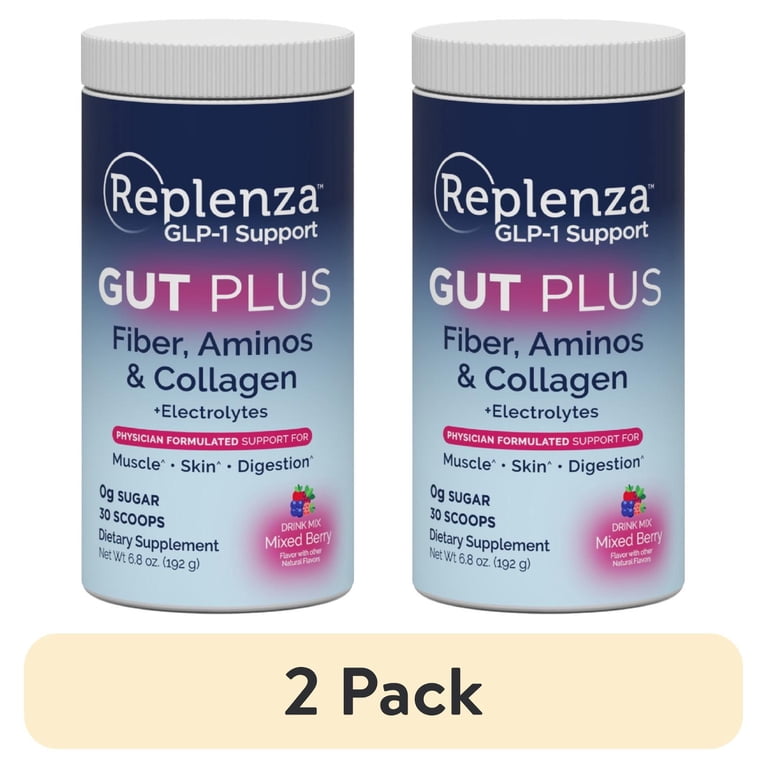 (2 pack) Replenza GLP-1 Support, Gut Plus, Supports Muscle Recovery,  Digestive Health, Mixed Berry, 15 Servings