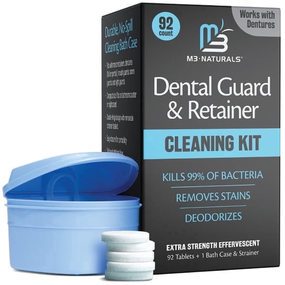 (2 pack) Retainer Cleaner and Soak Container, No-Mess Cleaning Tablets with Universal Denture Bath Case and Strainer, Multipurpose, for Mouth Guard Stains, Odor, and Plaque (92 Tablets + 1 Bath) by M3