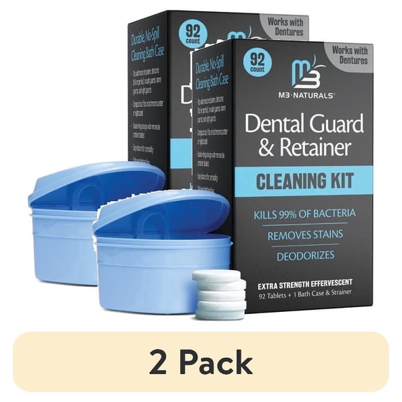 (2 pack) Retainer Cleaner and Soak Container, No-Mess Cleaning Tablets with Universal Denture Bath Case and Strainer, Multipurpose, for Mouth Guard Stains, Odor, and Plaque (92 Tablets + 1 Bath) by M3