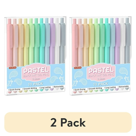 (2 pack) Retractable Pastel Gel Ink Pens, Shuttle Art 11 Pack Black Ink Pens, Cute Pens 0.5mm Fine Point for Writing Journaling Taking Notes