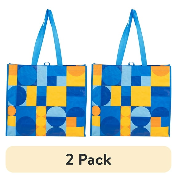 (2 pack) Reusable, Multi-Functional Wide Grocery Bag, Blue and Yellow Abstract Design