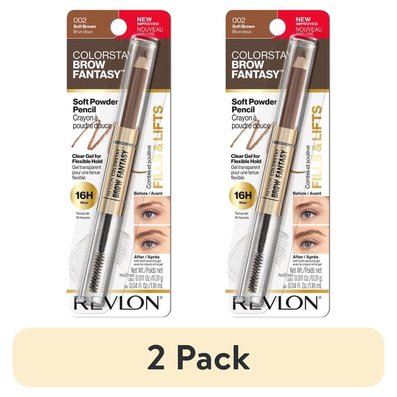 (2 pack) Revlon ColorStay Brow Fantasy, Eyebrow Pencil with Clear Shaping Gel, 002 Soft Brown
