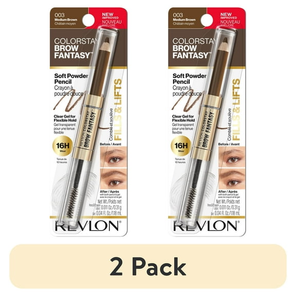 (2 pack) Revlon ColorStay Brow Fantasy, Eyebrow Pencil with Clear Shaping Gel, 003 Medium Brown