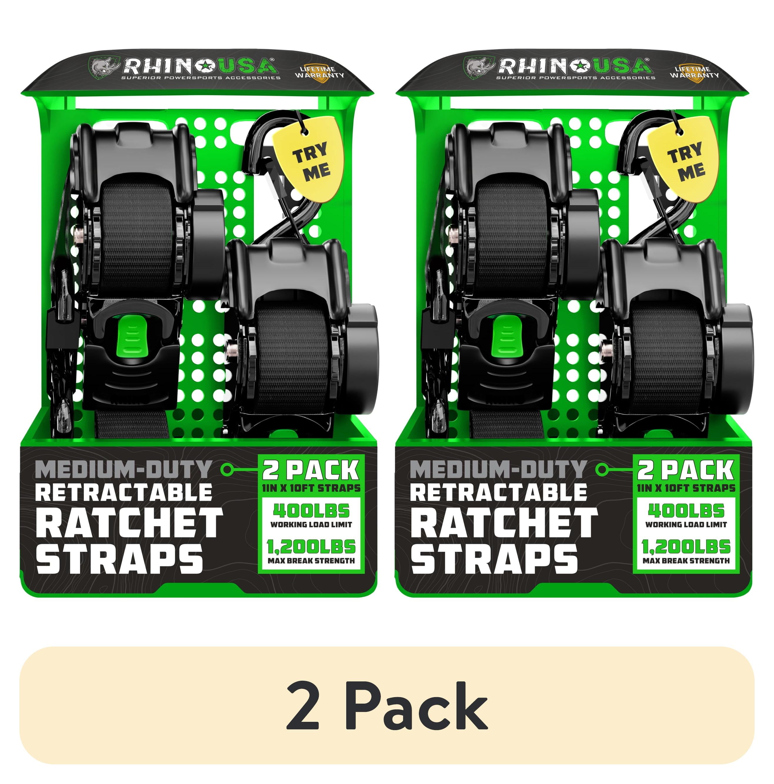 (2 pack) Rhino USA 1in x 10ft Black Retractable Ratchet Straps, 2 Pack – 1209lbs Break Strength, 403lbs Working Load Limit
