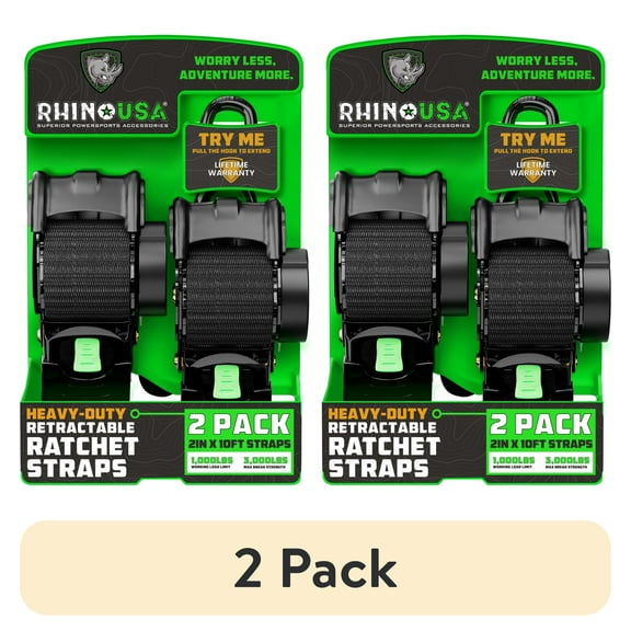 (2 pack) Rhino USA 2in x 10ft Retractable Ratchet Straps, 2 Pack, 1,000lbs Working Load Limit, 7.3lb Product Weight