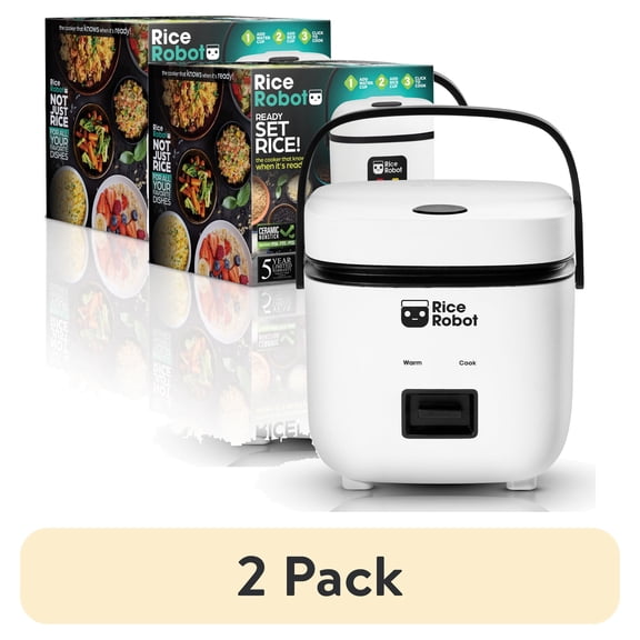 (2 pack) (2 pack) Rice Robot Personal Electric Rice Cooker & Steamer, 4 Cup, Nonstick, with Steamer Tray, White/Black