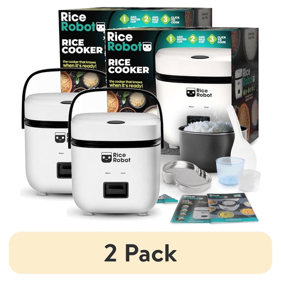 (2 pack) Rice Robot Personal Rice Cooker, PFAS-free, Nonstick. 1 Quart Capacity (4 Cups), with Stainless Steel Steamer Tray, Measuring Cups, Recipe Book with 60 Recipes, and Serving Spoon, As Seen On TV