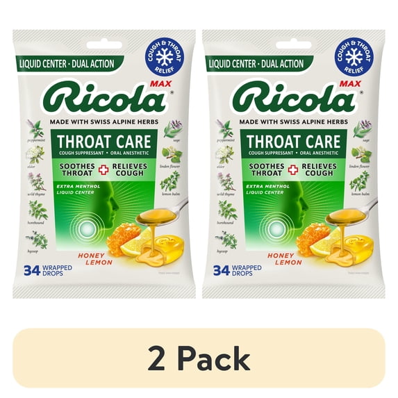 (2 pack) Ricola Max Throat Care Honey Lemon Cough Drops for Sore Throat + Cough Relief, Value Pack, 34 Count
