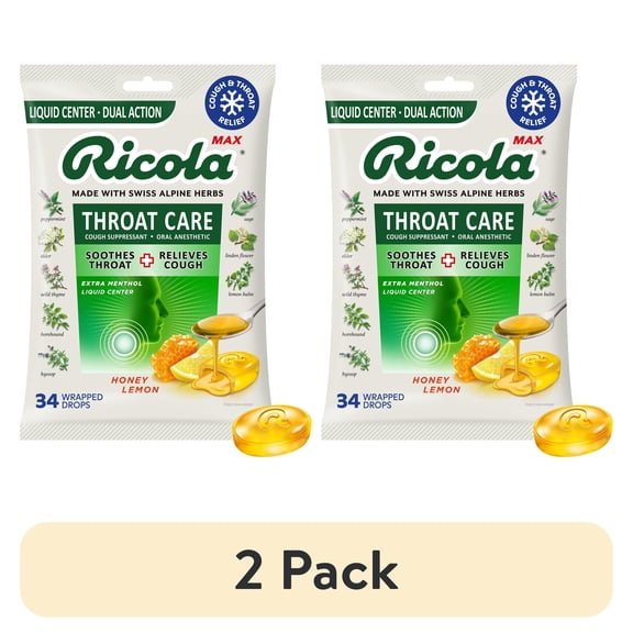 (2 pack) Ricola Max Throat Care Honey Lemon Cough Drops for Sore Throat + Cough Relief, Value Pack, 34 Count