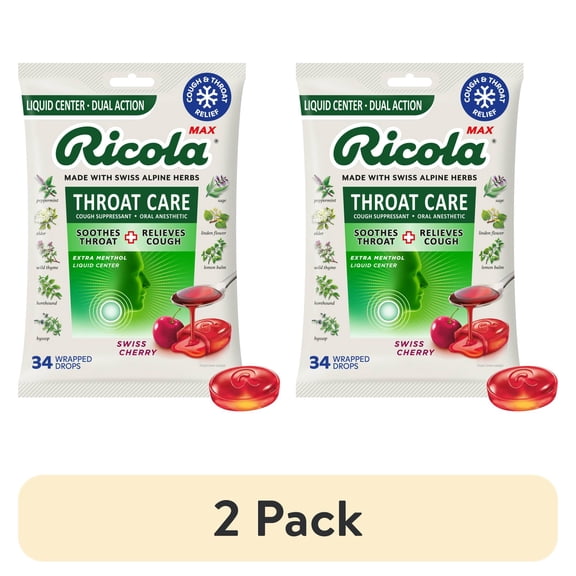 (2 pack) Ricola Max Throat Care Swiss Cherry Cough Drops for Sore Throat + Cough Relief, Value Pack, 34 Count