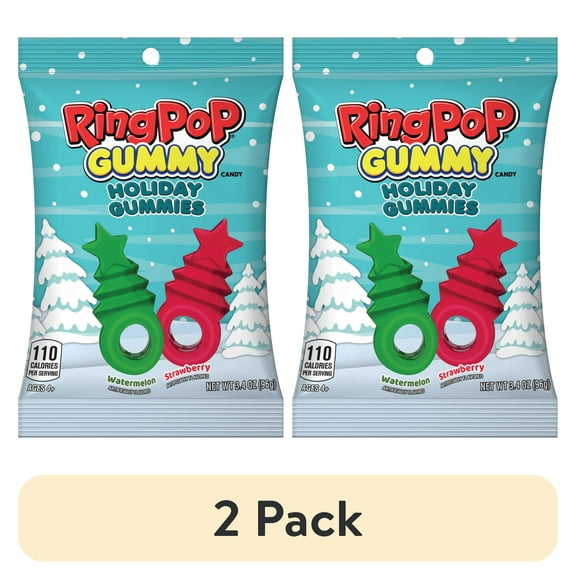 (2 pack) Ring Pop, Holiday Gummies, Strawberry and Watermelon Flavored , Gummy Candy, 3.4 oz, Bag
