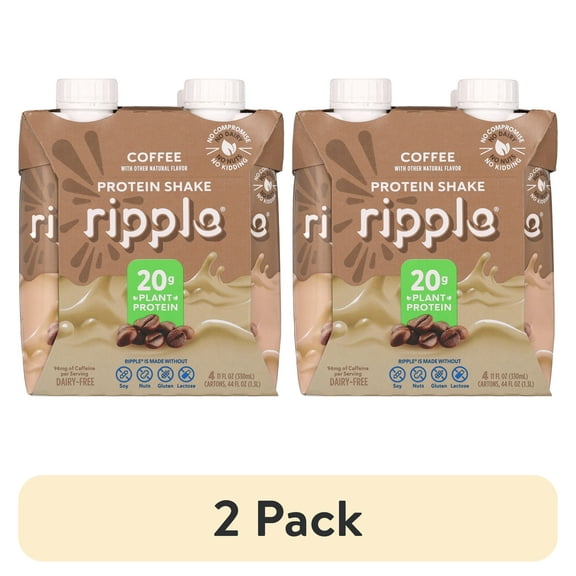 (2 pack) Ripple Coffee flavored Vegan Protein Shake, Shelf Stable 11 fl oz Pk of 4
