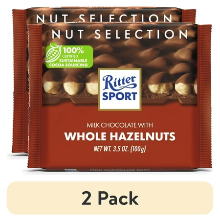 (2 pack) Ritter Sport Milk Chocolate Candy Bar with Crunchy Whole Hazelnuts – Authentic German Chocolate, Wrapped, 3.5 oz