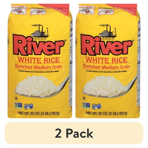 (2 pack) River Rice Medium Grain, Enriched White Rice, 2 lb Bag