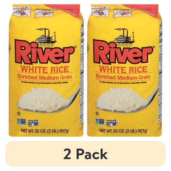 (2 pack) River Rice Medium Grain, Enriched White Rice, 2 lb Bag