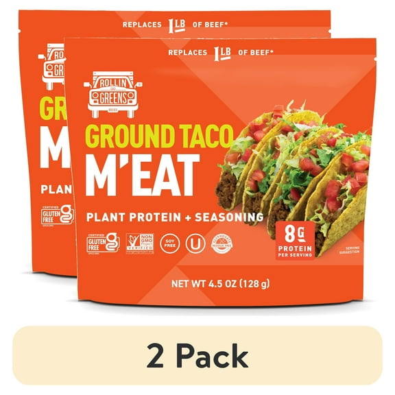 (2 pack) Rollingreens Plant-Based Ground Taco Protein 4.5 oz Pouch, 1 Count