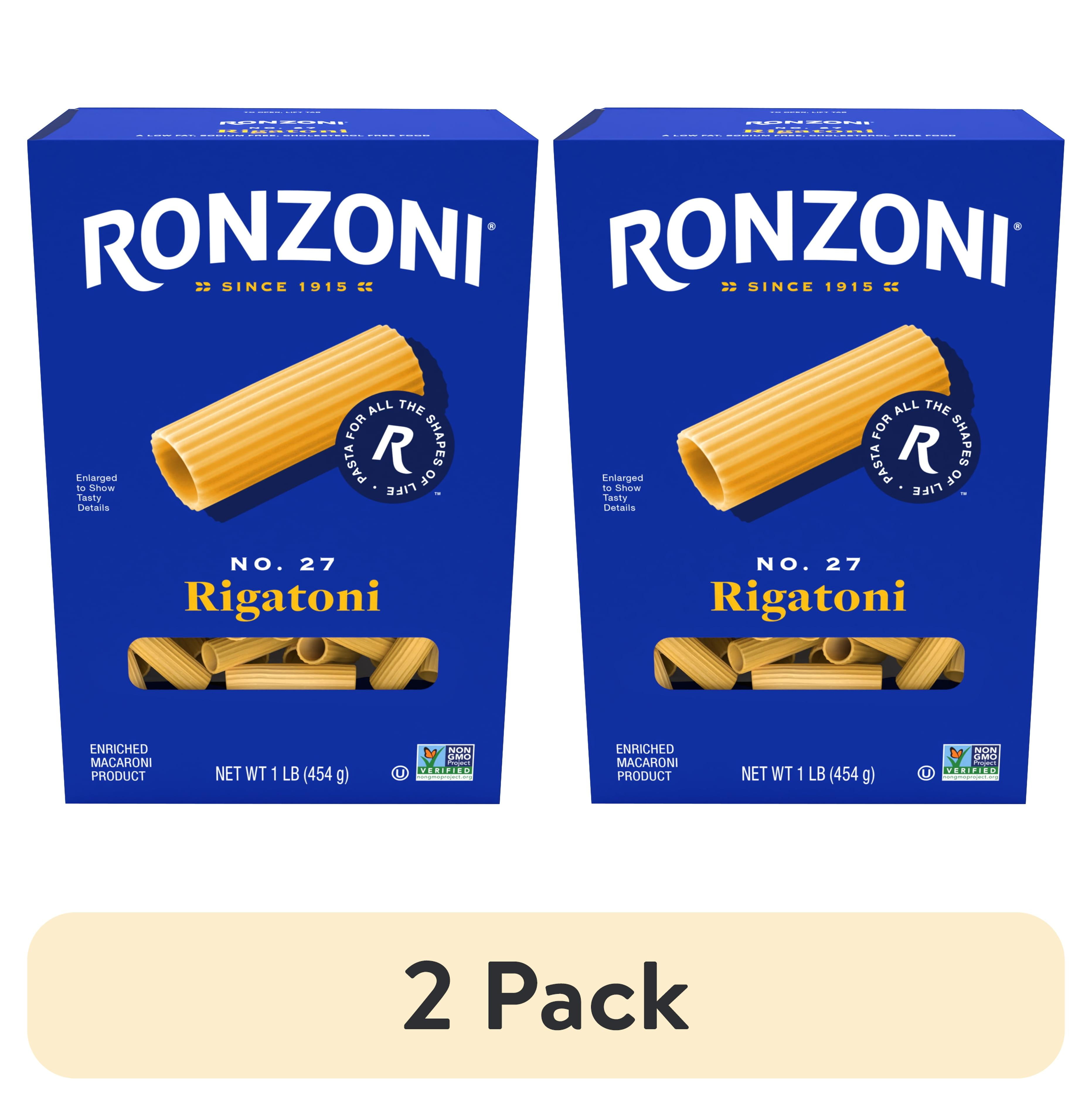(2 pack) Ronzoni Rigatoni Pasta, 16 oz, Large, Ribbed Tubes, Non-GMO, (Shelf Stable) Box
