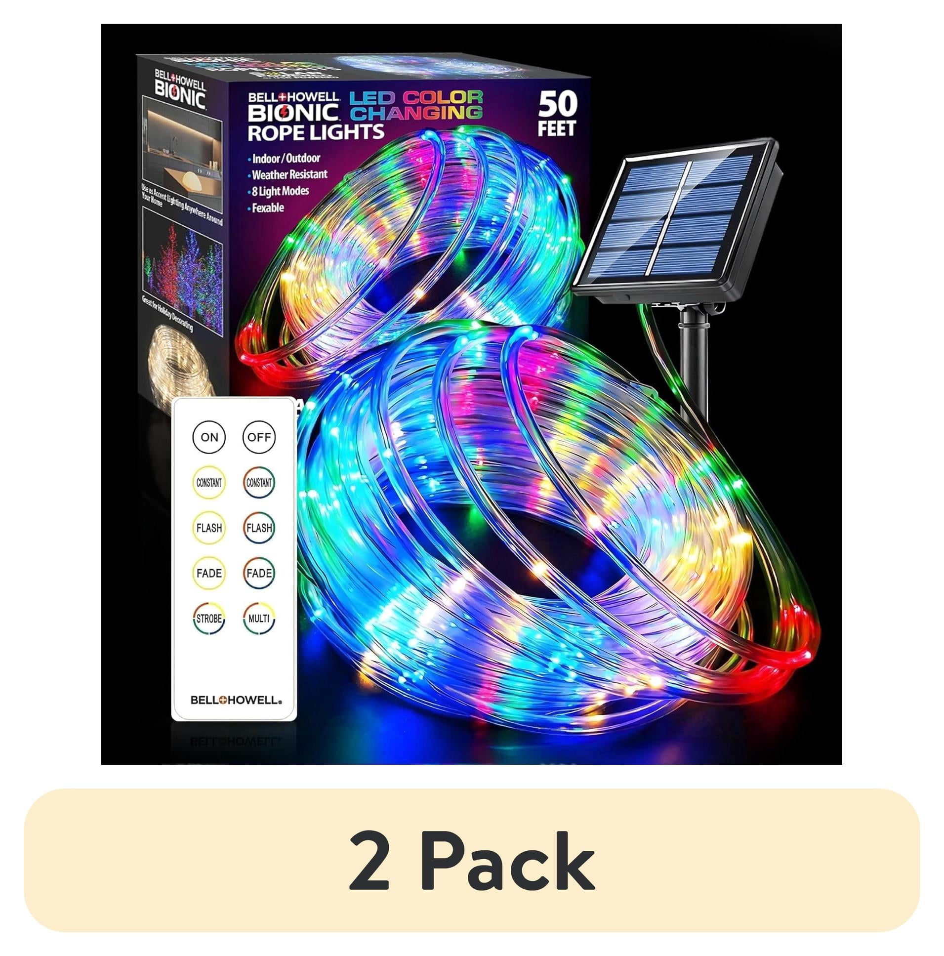 (2 pack) Bell + Howell LED Solar Rope Lights Outdoor Waterproof, Holiday Christmas Lights, 50 Ft Indoor/Outdoor Rope Lights for Outside, USB/Solar Powered, Remote Included w/ 8 Color Changing Light Modes