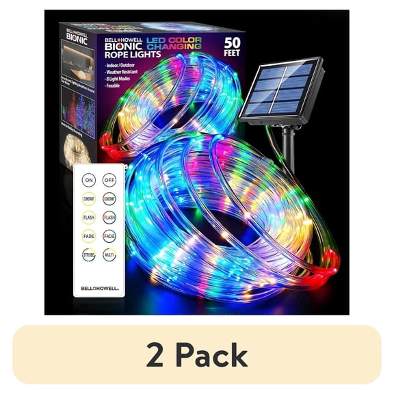 (2 pack) Bell + Howell LED Solar Rope Lights Outdoor Waterproof, Holiday Christmas Lights, 50 Ft Indoor/Outdoor Rope Lights for Outside, USB/Solar Powered, Remote Included w/ 8 Color Changing Light Modes