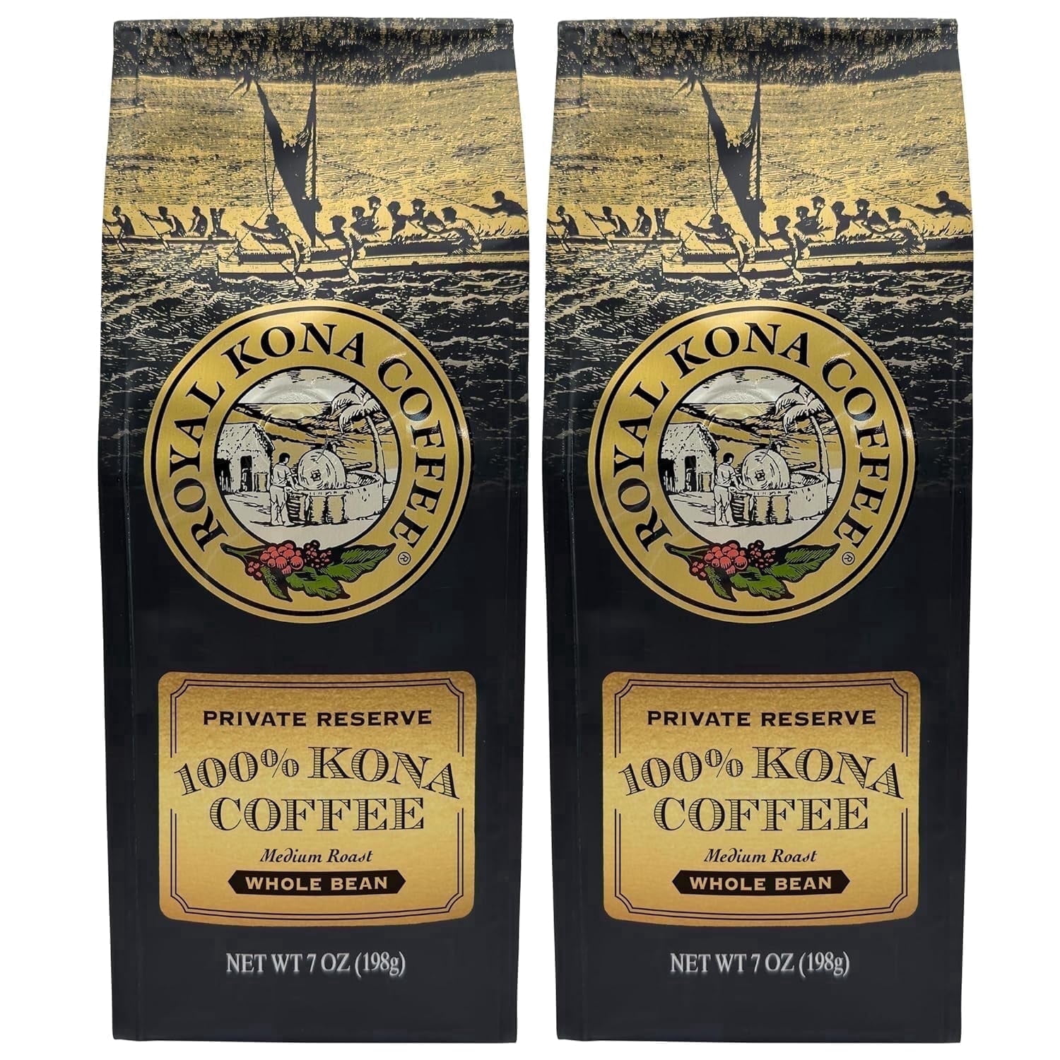 (2 pack) Royal Kona Coffee Medium Light Roast Whole Bean Coffee, 100% Hawaiian Kona Coffee, 7oz 1pc