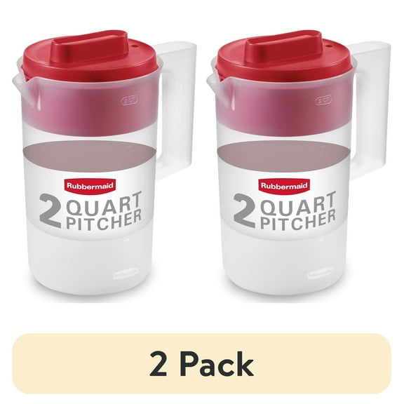 (2 pack) Rubbermaid, Pitcher, Plastic Pitcher, Clear/Red, 2 Quart, plastic, 2 quart, suitable for organized drink storage, Ideal Use for Cold Drink Preparation