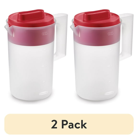 (2 pack) Rubbermaid Plastic Pitcher, Clear/Red, 2 Quart