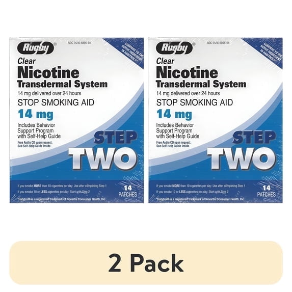 (2 pack) Rugby Step 2 Clear Nicotine Transdermal System Stop Smoking Aid, 14 mg, 14 Count