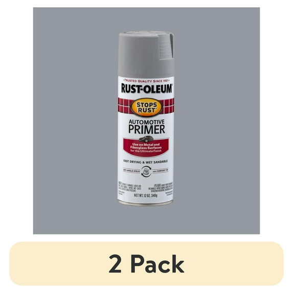 (2 pack) Light Gray, Rust-Oleum Stops Rust Automotive Primer Flat Spray Paint-2081830, 12 oz