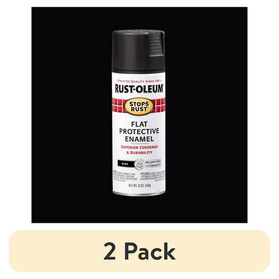 (2 pack) Black, Rust-Oleum Stops Rust Protective Enamel Flat Spray Paint-7776830, 12 oz