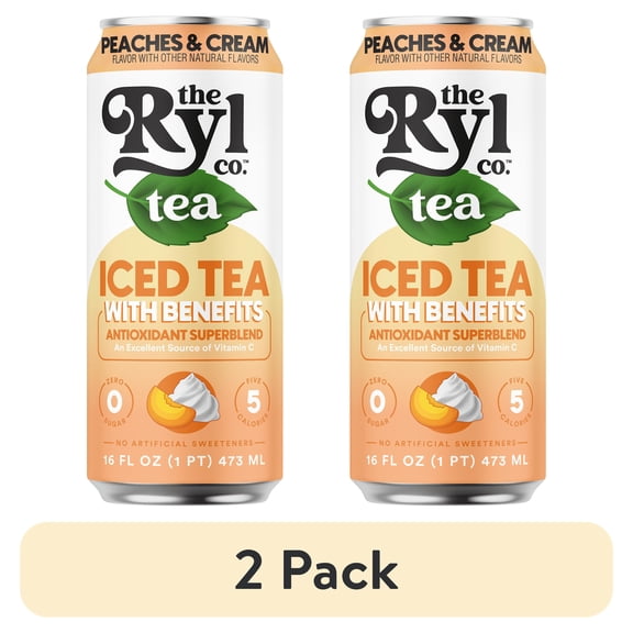 (2 pack) Ryl Iced Tea Peaches n’ Cream, Zero Sugar Black Tea, Antioxidant Superblend, 16 fl oz Ready-to-Drink Can