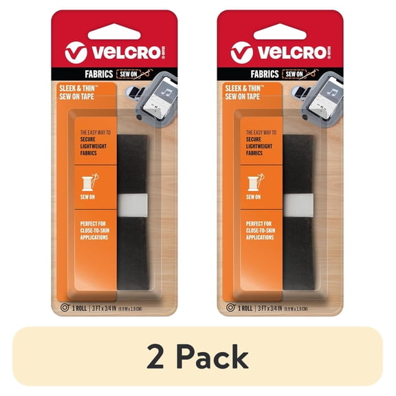 (2 pack) VELCRO Brand Sleek and Thin Hook & Loop Fastener for Fabrics | 3ft x 3/4in Tape, Black | Soft on Skin | Ultra Light with Sewing Lane Technology