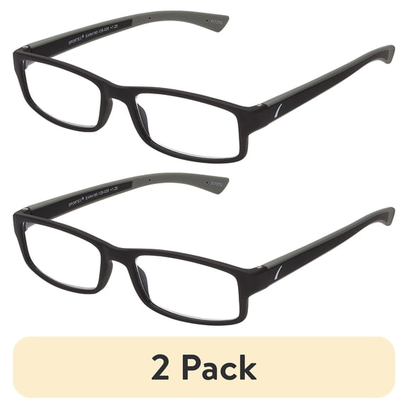 (2 pack) SAV Sportex Reading Glasses, Modern Rectangular Sport Frame, AR4160, +1.25, Gray