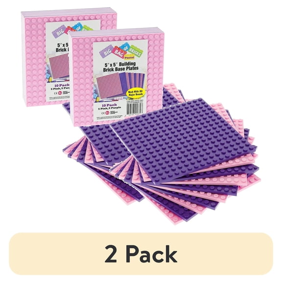 (2 pack) SCS Direct Brick Building Blocks Base Plates - 5"x5" Pink & Purple Set of 10 - Dual Side Connectivity - Compatible & Tight Fit w All Major Brands - Gift for Kids, Boys & Girls
