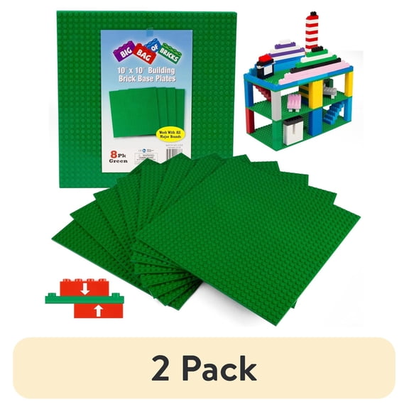 (2 pack) SCS Direct Brick Building Blocks Large Green 10"x10" Baseplates(4pcs) Connects on Both Sides- Compatible & Tight Fit with All Major Building Blocks Brands- Great for Activity Tables & School Projects