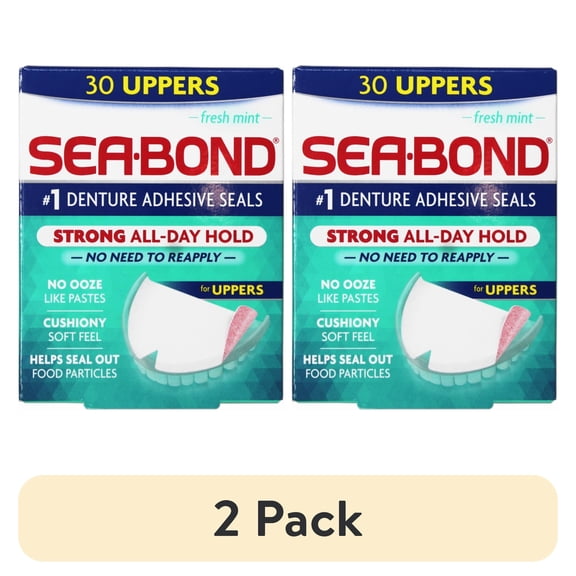 (2 pack) Sea-Bond Secure Denture Adhesive Seals, Fresh Mint Uppers, All-Day-Hold, Mess-Free, 30 Count